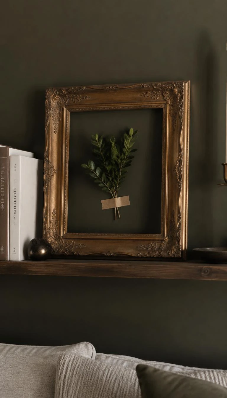 A candid, realistic iPhone photograph of a living room picture ledge, an ornate antique gold frame leaning against a dark olive painted wall, a small preserved green boxwood sprig taped inside the empty center with brown paper tape, soft moody lighting.