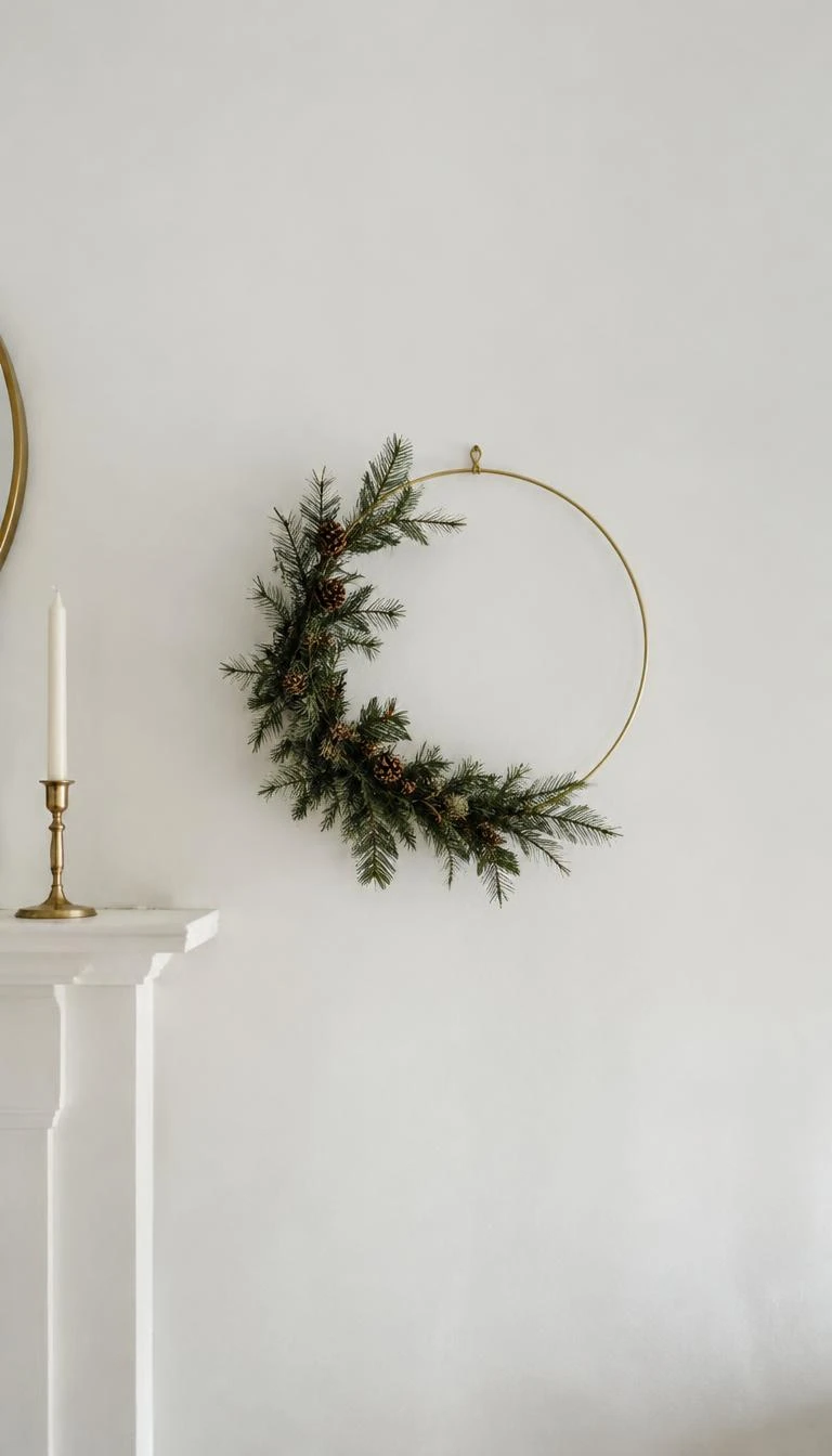 A candid, realistic iPhone photograph of a minimalist white living room wall, a single brass metal hoop wreath partially bound with Scots pine needles and tiny brown cones on one side, clean negative space, soft ambient winter daylight.