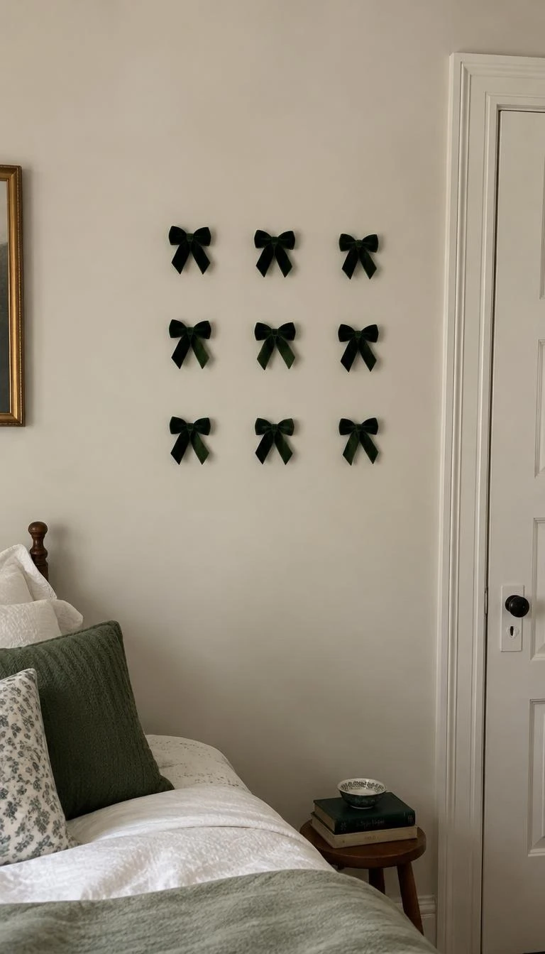 A candid, realistic iPhone photograph of a quiet bedroom wall, nine miniature spruce green velvet bows aligned in an orderly three by three grid on pale beige paint, soft natural daylight, minimal shadows, cozy seasonal aesthetic with tactile textile details.