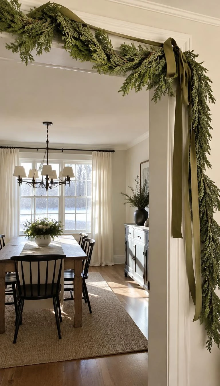 A candid, realistic iPhone photograph of a bright dining room, fresh green cedar boughs pinned along creamy white doorway trim, natural morning sunlight, warm oak flooring below, untied olive linen ribbons dangling casually, sharp focus on fragrant pine needles and textured plaster.