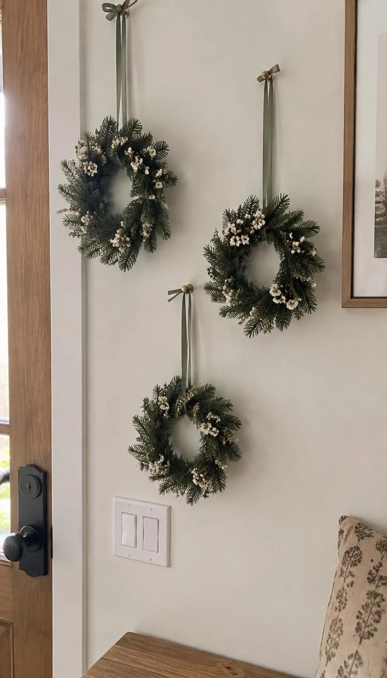 A candid, realistic iPhone photograph of an entryway wall, three small six inch wreaths made of silver fir needles and white wax flowers hanging by slender grosgrain ribbon, soft daylight, delicate textural Christmas wall arrangement.