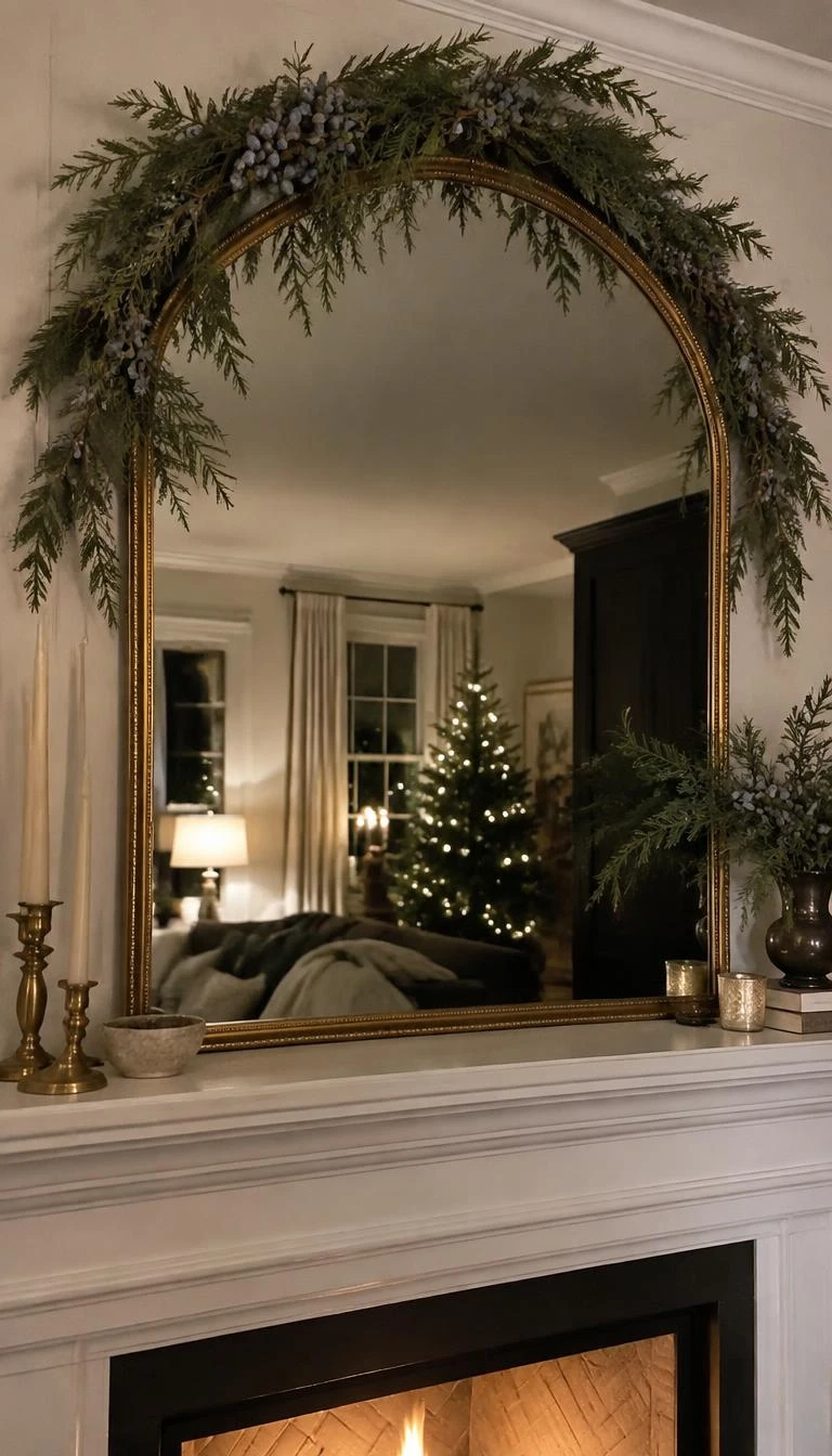 A candid, realistic iPhone photograph of a living room fireplace mantle mirror, an arched gold leaf mirror draped along the upper curve with fresh blue juniper branches, tiny blue berries, soft indoor room reflections, evening light.
