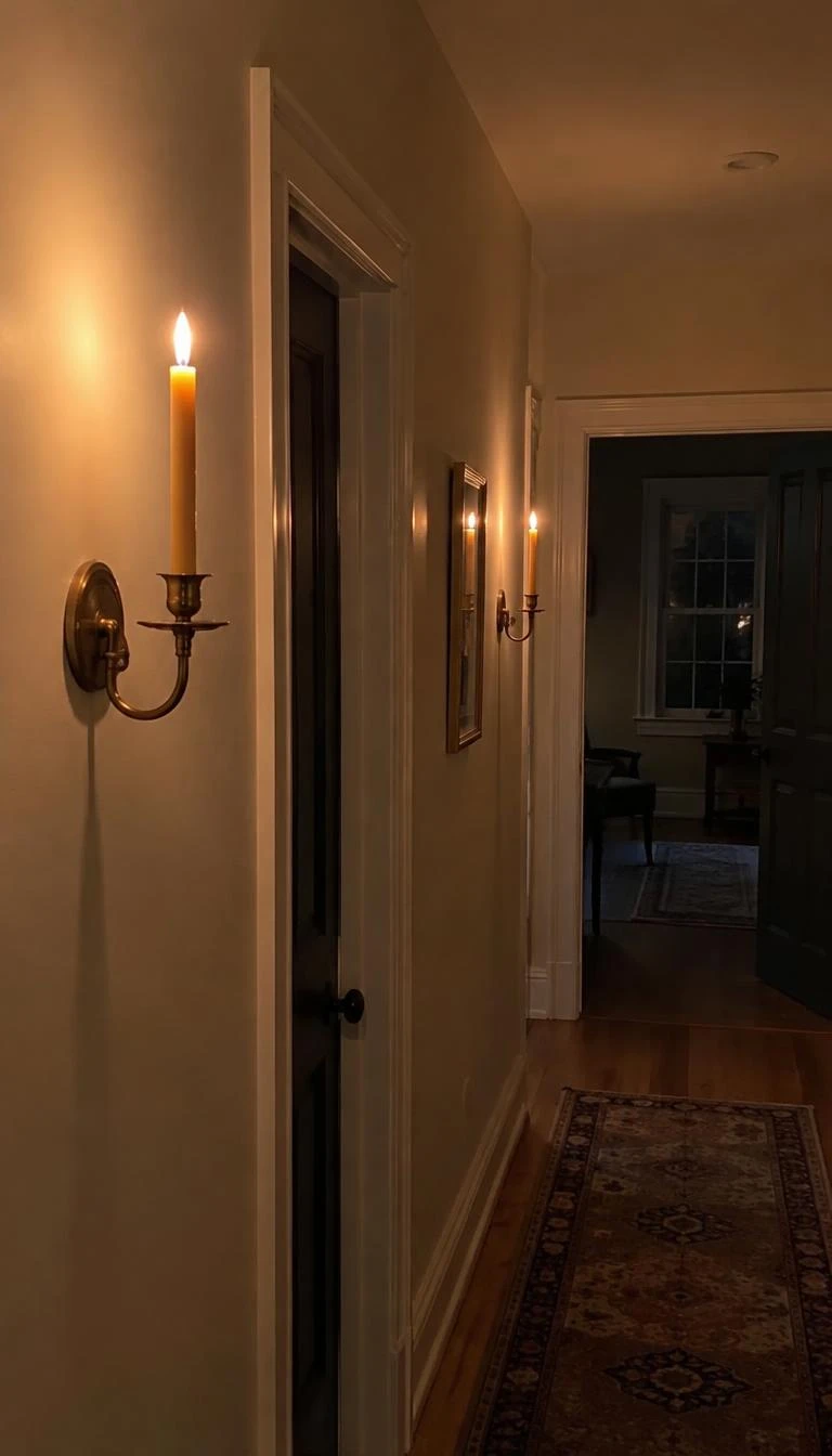 A candid, realistic iPhone photograph of a hallway with plaster walls, two unlacquered solid brass wall sconces holding slender honey colored beeswax tapers, soft warm flickering flame glow, shadows playing across warm neutral paint, quiet winter evening mood.