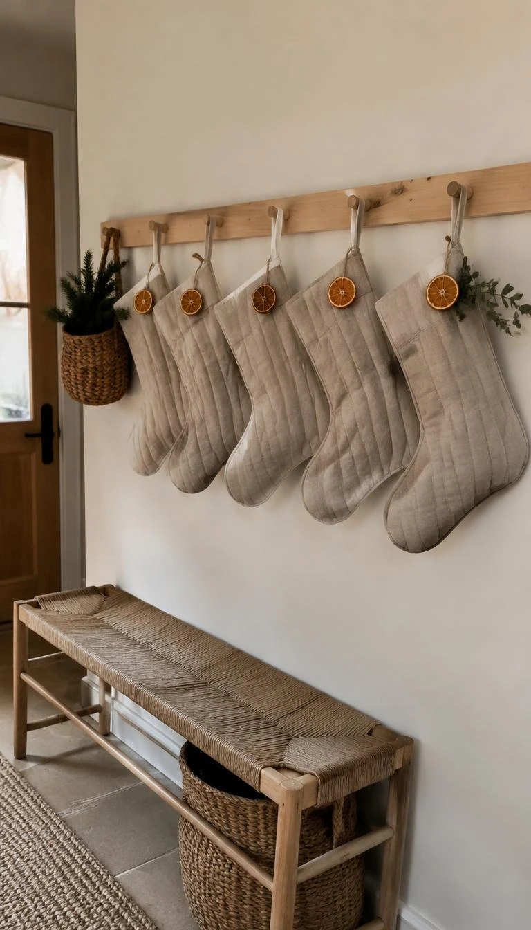 A candid, realistic iPhone photograph of a mudroom or entryway wall, five washed oatmeal linen quilted stockings hanging from a natural beech Shaker peg rail, dried orange slice tags, soft natural light, warm minimalist Scandinavian styling.