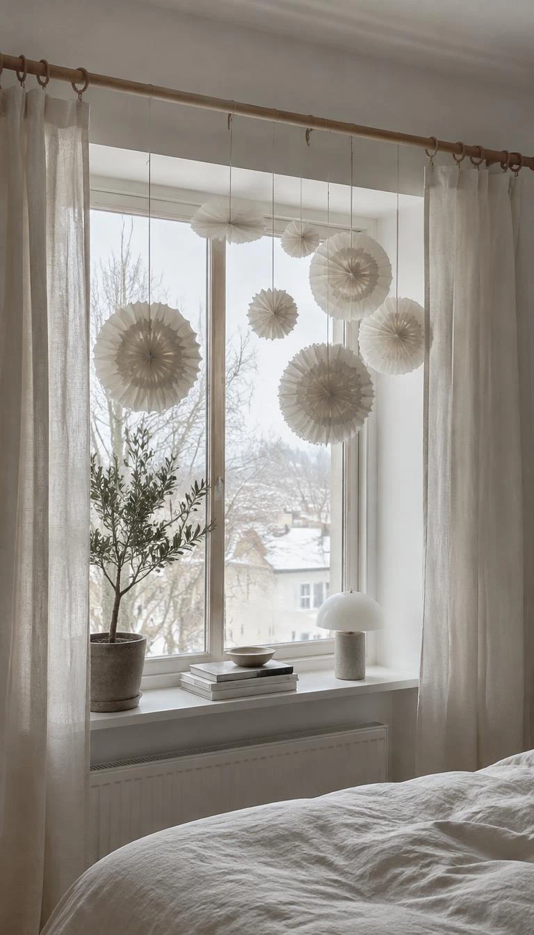 A candid, realistic iPhone photograph of a bright scandinavian bedroom window, showing delicate handmade off white paper medallions hanging at varied lengths from a light oak curtain rod with thin raw linen string, soft winter daylight