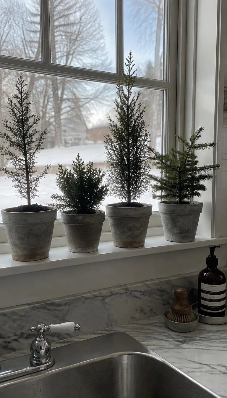 A candid, realistic iPhone photograph of a kitchen sink window, showing four small potted cypress and spruce saplings resting inside weathered grey terracotta pots along a white painted ledge, bright cold daytime light
