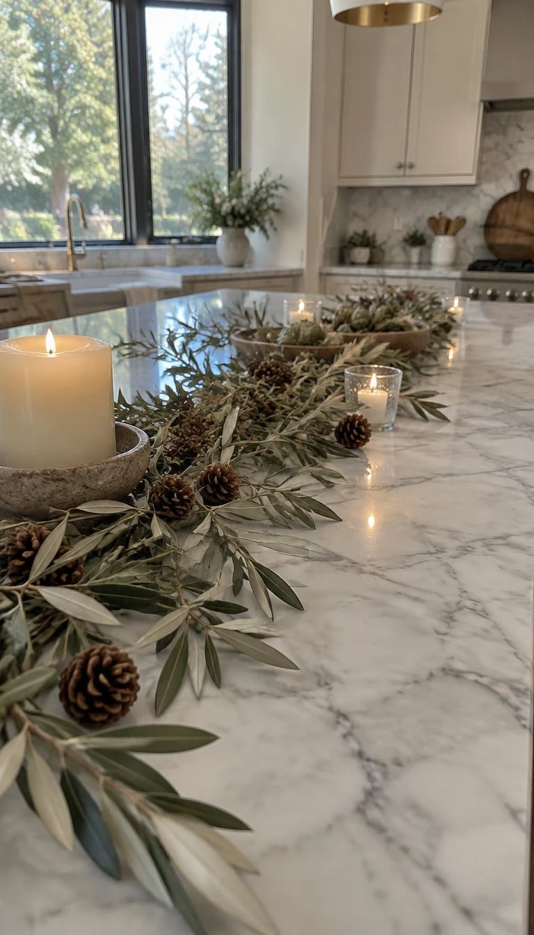 Layer Olive Branches And Pine Cones On The Kitchen Island A candid, realistic iPhone photograph of a marble kitchen island, featuring a runner of silvery olive branches interspersed with small natural pine cones, natural daylight through kitchen windows, clean and organic holiday styling.