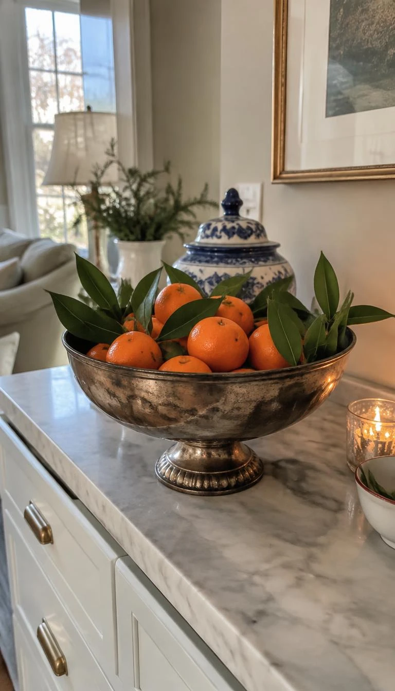 Fill Footed Silver Bowls With Clementines And Bay Leaves A candid, realistic iPhone photograph of a bright kitchen sideboard, featuring a vintage tarnished footed silver bowl filled with bright orange clementines and fresh green bay leaves, natural morning window light, simple holiday elegance.