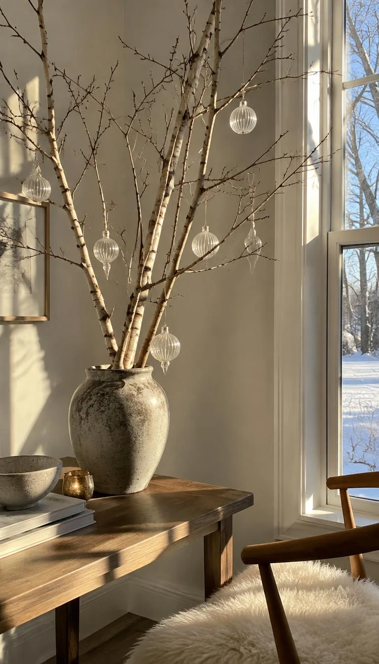 Display Clear Fluted Glass Ornaments On Bare Branches A candid, realistic iPhone photograph of a sunlit corner table, featuring tall bare birch branches in a heavy ceramic vase, decorated with delicate clear fluted glass baubles catching crisp winter daylight, serene minimalist holiday mood.