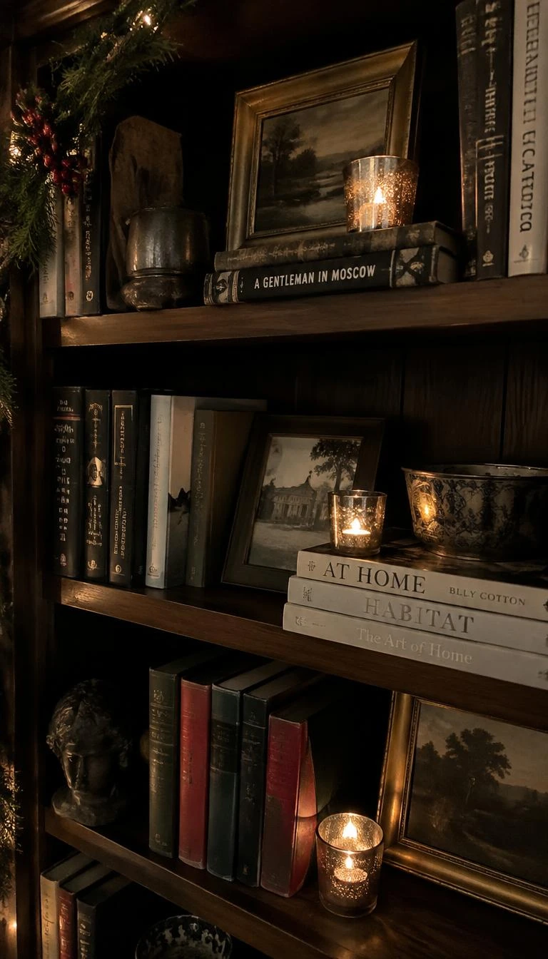 Scatter Antiqued Mercury Glass Votives Across Bookcases A candid, realistic iPhone photograph of dark wood library bookshelves, featuring small silver antiqued mercury glass votive holders glowing with tealight candles among stacked hardback books, cozy holiday evening ambiance.