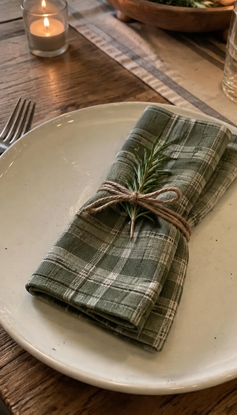 Use Plaid Linen Napkins Bound With Brown Twine A candid, realistic iPhone photograph of a rustic wooden dinner table, showing an off white ceramic plate topped with a folded green plaid linen napkin tied with brown jute twine, a tiny rosemary sprig tucked neatly inside the knot.