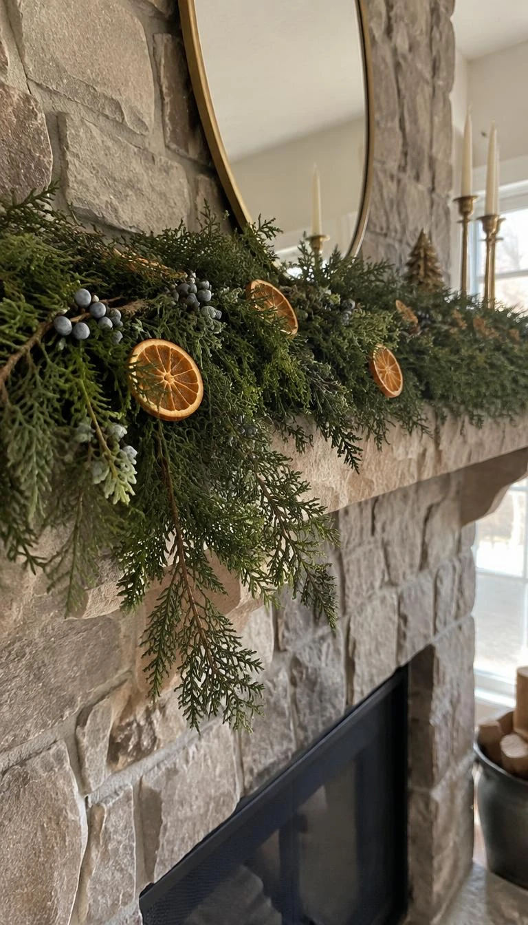 Line The Mantelpiece With Juniper Sprigs And Dried Oranges A candid, realistic iPhone photograph of a stone fireplace mantel, layered with fresh juniper sprigs carrying small blue berries and translucent dried orange slices, warm afternoon light illuminating the natural textures.