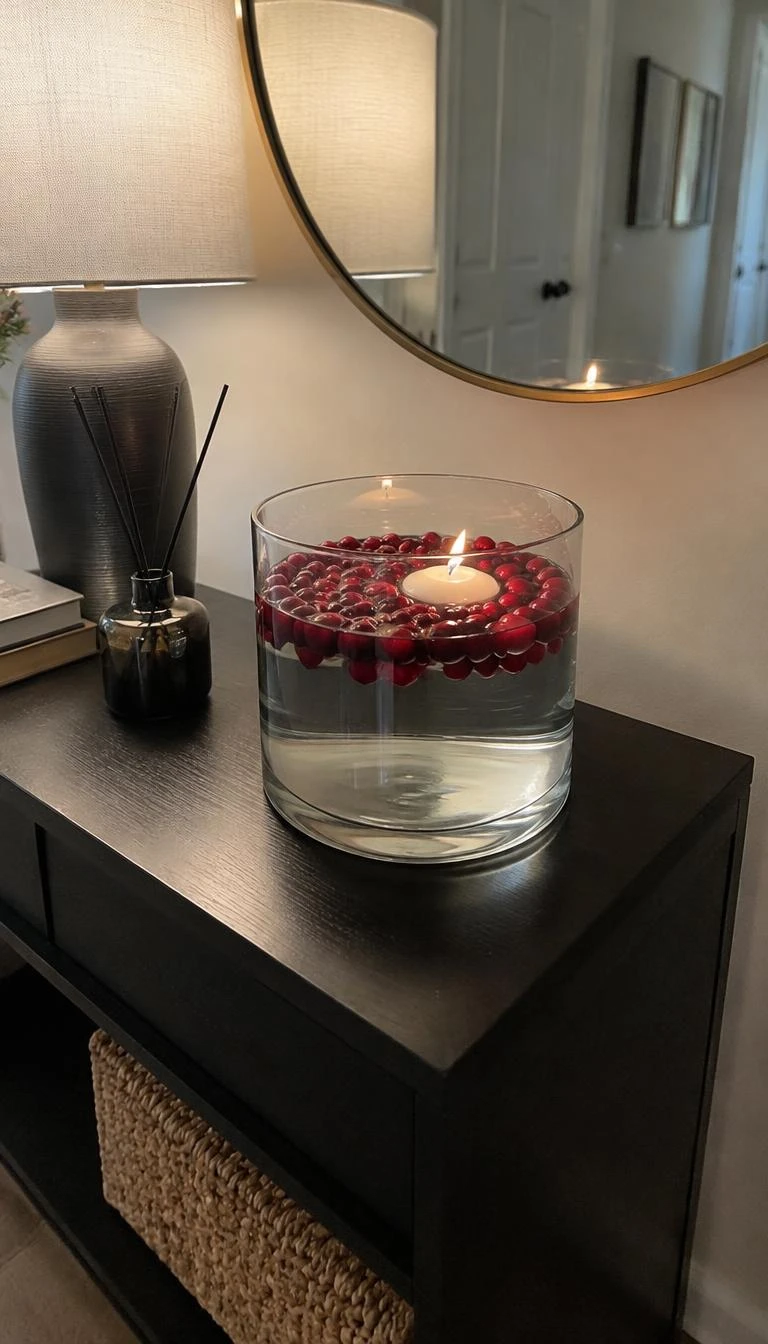 Float Whole Cranberries And Pillar Candles In Water A candid, realistic iPhone photograph of a hallway console table, featuring a wide clear glass cylinder vase filled with fresh water, bright red floating cranberries, and a glowing white floating candle, soft ambient reflections.