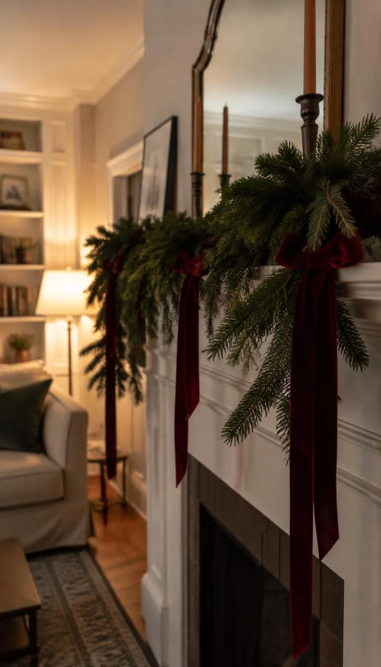 Tie Rich Burgundy Velvet Ribbons To Pine Boughs A candid, realistic iPhone photograph of a living room fireplace mantel, featuring dark green pine boughs tied with long rich burgundy velvet ribbons, matte texture contrasting with glossy needles, soft warm ambient lamplight in the background.