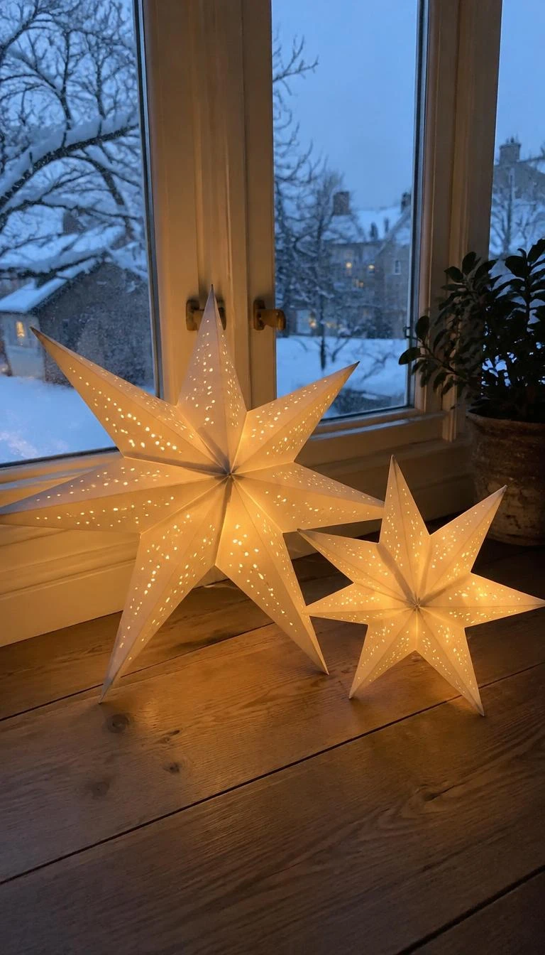 Place White Paper Star Lanterns In Broad Window Sills A candid, realistic iPhone photograph of a broad wooden window sill at dusk, featuring two illuminated white folded paper star lanterns resting on wooden floorboards, soft snowy view visible through cold glass panes.