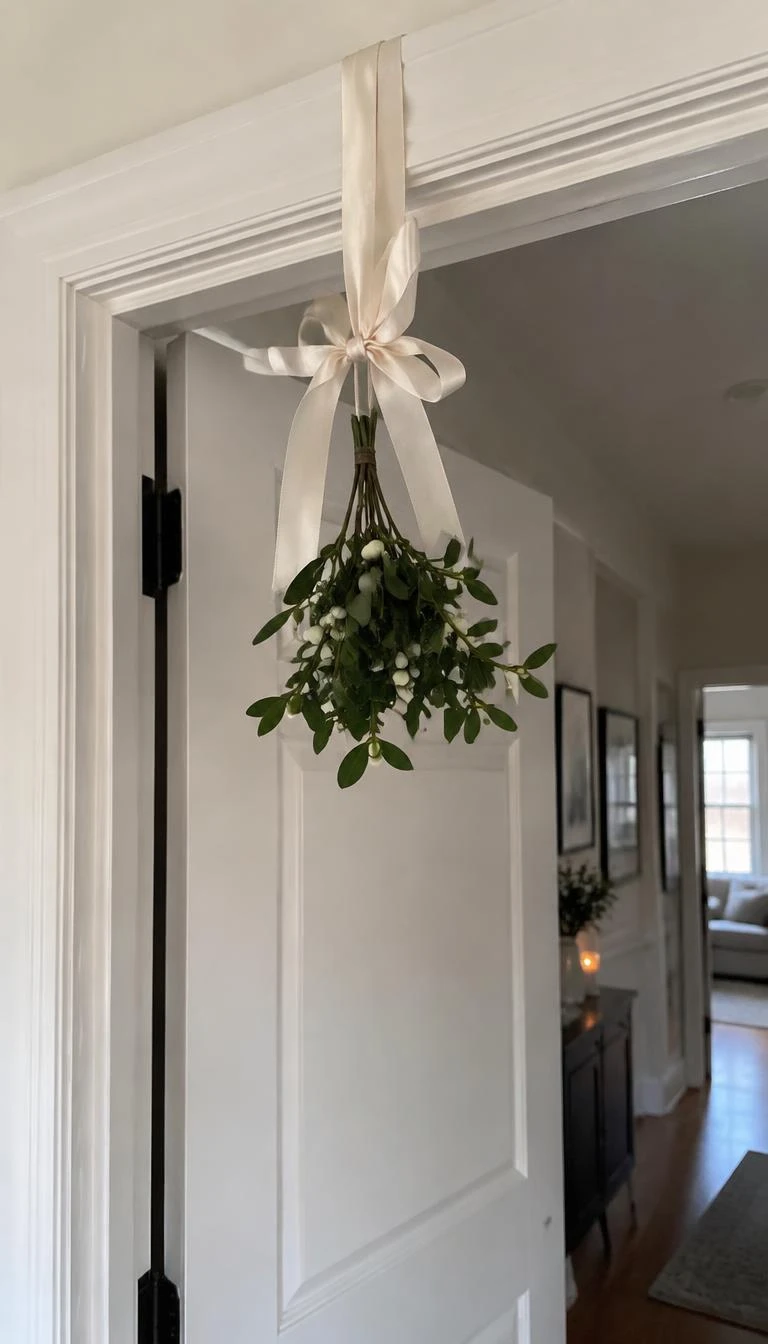 Suspend Mistletoe Bundles With Cream Silk Ribbon A candid, realistic iPhone photograph of a white painted interior doorway, featuring a small bundle of fresh green mistletoe with white berries hanging from a long cream silk ribbon, soft natural hallway light.