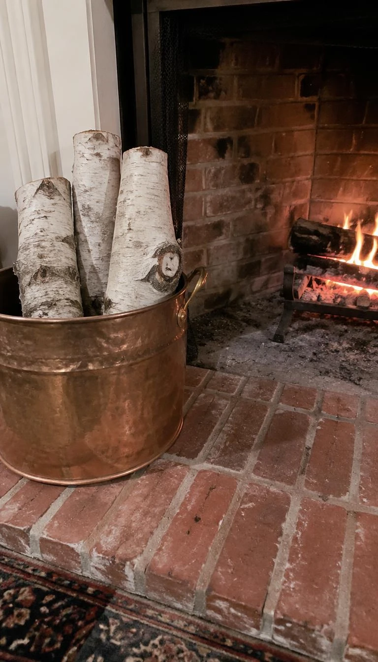 Arrange Bare Birch Logs Beside The Hearth A candid, realistic iPhone photograph of an open hearth with red brick floor, featuring a stack of three white paper birch logs resting inside an antique copper bucket, gentle ambient fireside glow.
