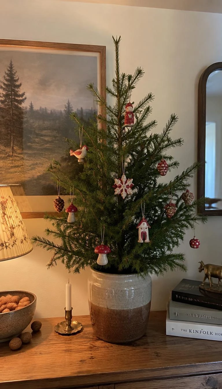 Display Hand Painted Folk Art Baubles On A Tabletop Tree A candid, realistic iPhone photograph of a small potted Norway spruce on a wooden console table, decorated with tiny hand painted folk art wooden ornaments, muted red and cream patterns, cozy cottage ambiance.