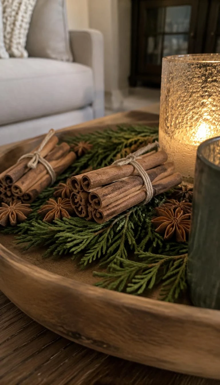 Tuck Cinnamon Sticks And Star Anise Into Centerpieces A candid, realistic iPhone photograph of a low wooden coffee table tray, featuring fragrant dried cinnamon stick bundles tied with string and star anise pods resting among cedar sprigs, warm and cozy indoor lighting.