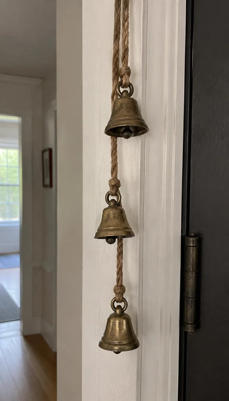 Hang Small Brass Bells Along The Front Entryway A candid, realistic iPhone photograph of an interior front hallway doorframe, featuring three small antiqued brass bells suspended from a braided jute cord, soft natural daylight reflecting off worn metallic surfaces.