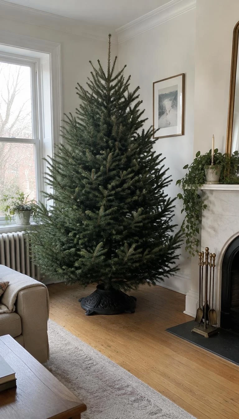 Place A Real Fraser Fir In A Cast Iron Stand A candid, realistic iPhone photograph of a living room corner, featuring a freshly cut Fraser fir tree standing firmly inside an ornate matte black cast iron tree stand, natural pine needles on wooden floorboards, soft morning light.
