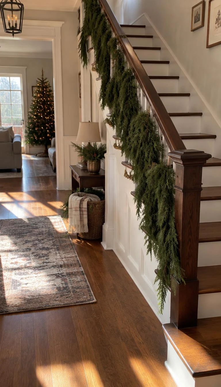 Hang Fresh Cedar Garlands Along The Staircase A candid, realistic iPhone photograph of a home entryway, featuring a lush fresh cedar garland draped loosely along a dark oak staircase railing, warm afternoon sunlight slanting across hardwood floors, small brass hooks holding the greenery in place, cozy festive atmosphere.