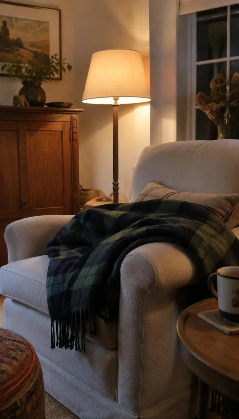 Drape Tartan Wool Throws Over Neutral Armchairs A candid, realistic iPhone photograph of a cozy sitting room armchair, featuring a folded tartan wool blanket in muted green and navy tones resting over linen upholstery, soft glow from a nearby floor lamp, quiet evening warmth.