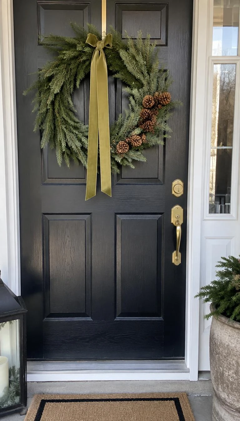 Hang An Asymmetrical Noble Fir Wreath On The Front Door A candid, realistic iPhone photograph of a painted black wooden front door, featuring an asymmetrical noble fir wreath decorated with small brown pine cones on one side, tied with an earthy olive ribbon, soft winter daylight.