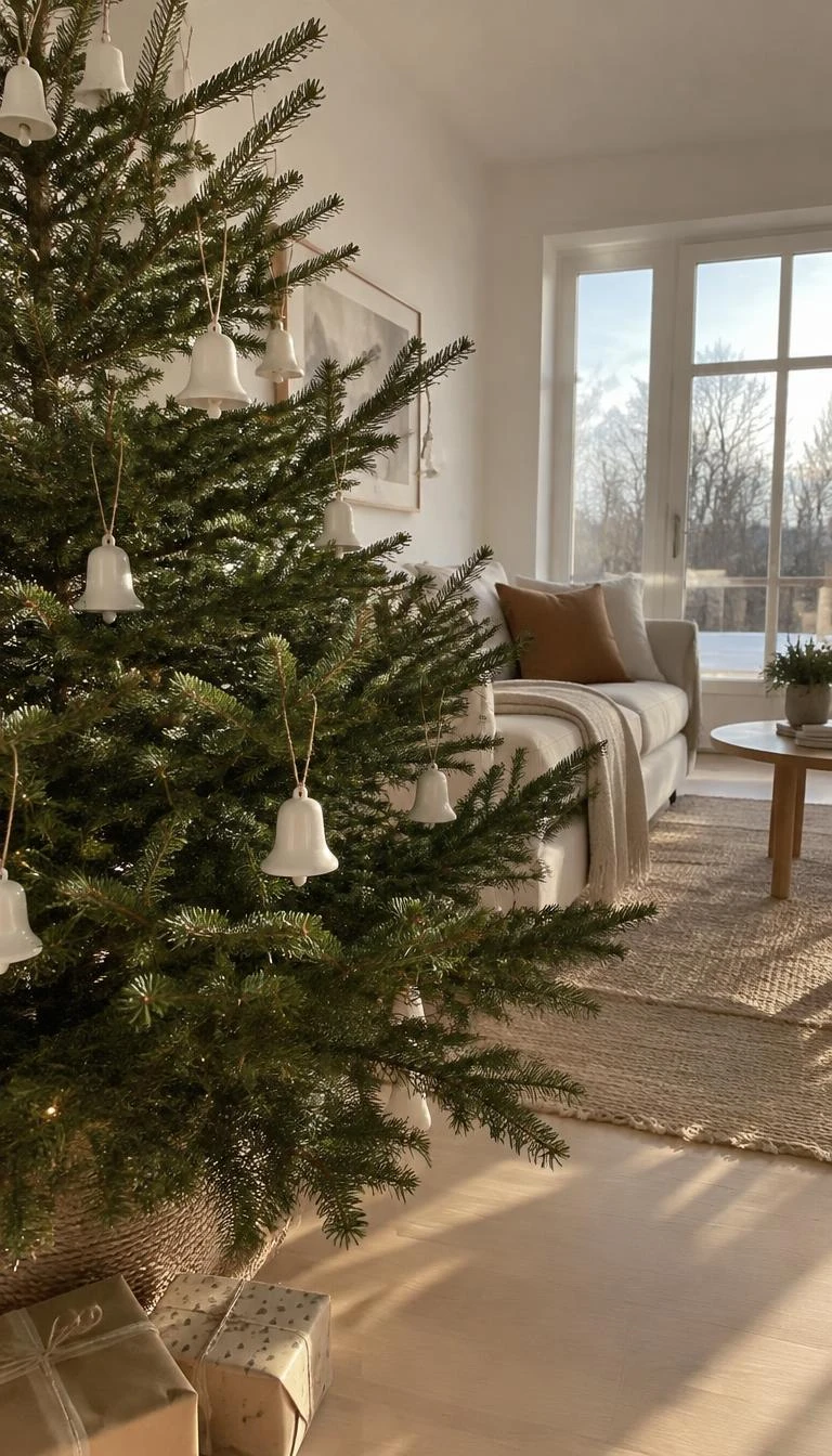 A candid, realistic iPhone photograph of a living room with a Christmas tree, decorated with unglazed white porcelain bell ornaments hung on thin twine, natural warm window light, clean Scandinavian living room