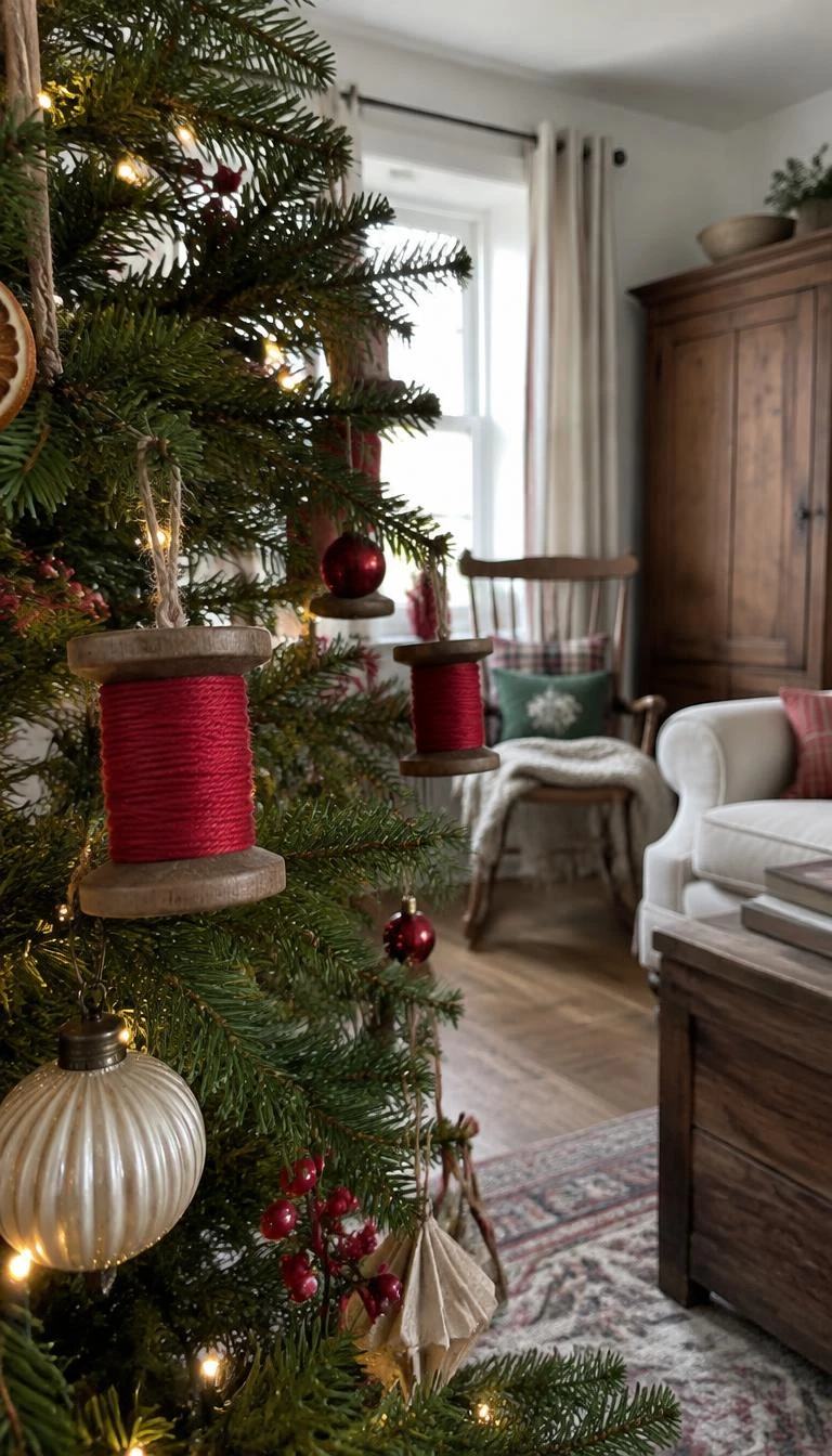 A candid, realistic iPhone photograph of a living room with a Christmas tree, vintage wooden thread spools wrapped with thick red embroidery floss hanging on branches, rustic cottage interior, natural daylight