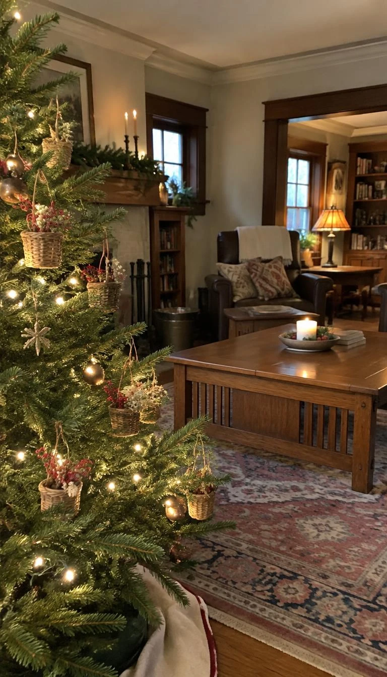 A candid, realistic iPhone photograph of a living room with a Christmas tree, miniature handwoven split oak baskets filled with small sprigs of dried berries hung on boughs, cozy craftsman living room