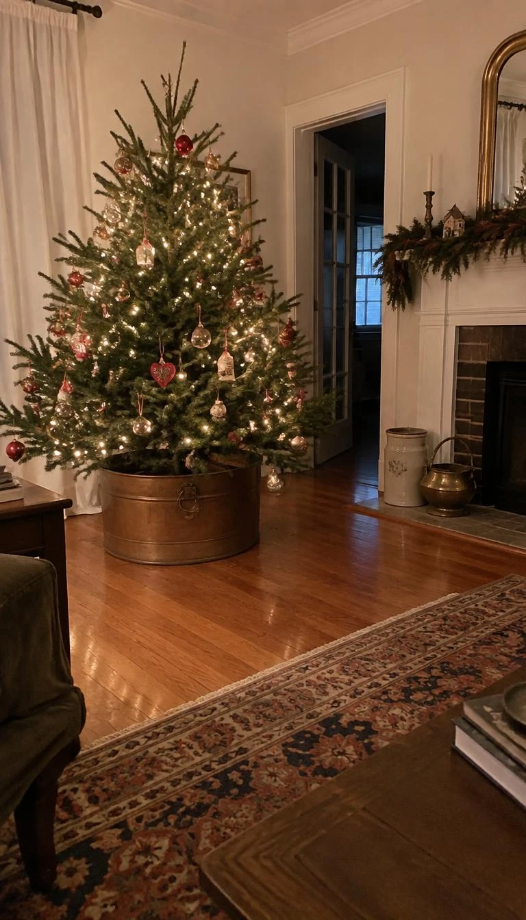 A candid, realistic iPhone photograph of a living room with a Christmas tree, resting inside a vintage round beaten copper wash tub, fallen needles on polished wood floor, soft ambient glow, calm winter atmosphere