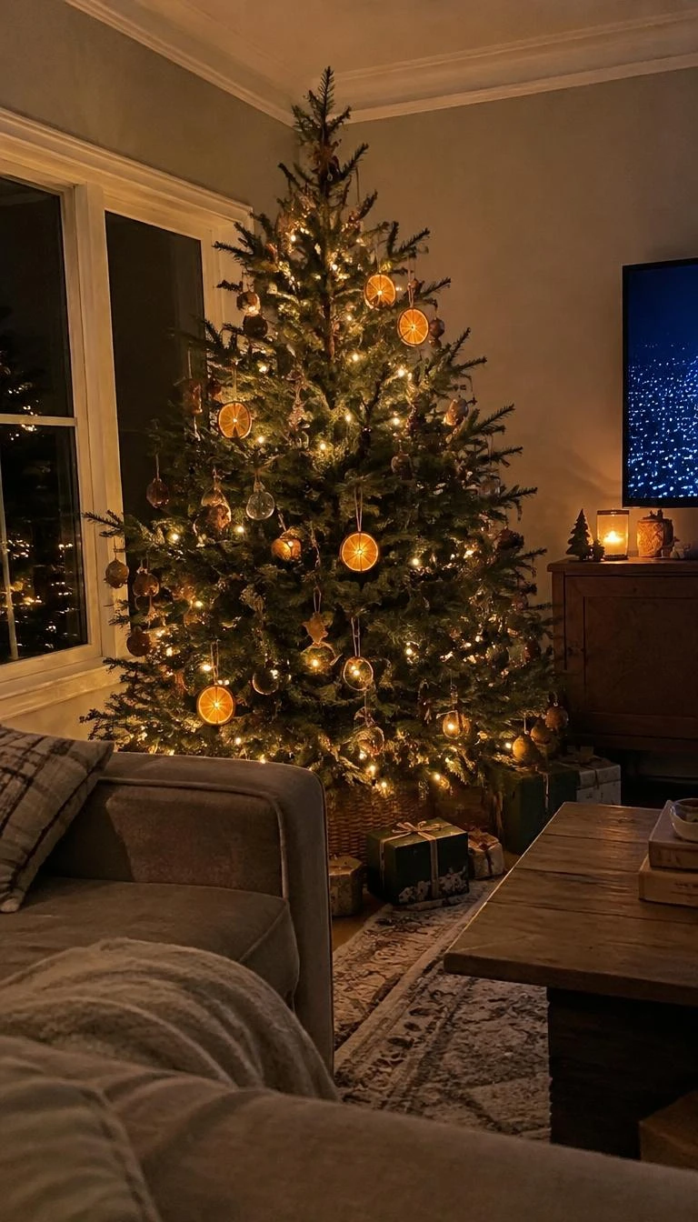 A candid, realistic iPhone photograph of a living room with a Christmas tree, translucent dried orange wheels glowing from behind by warm fairy lights, natural pine branches, cozy evening living room