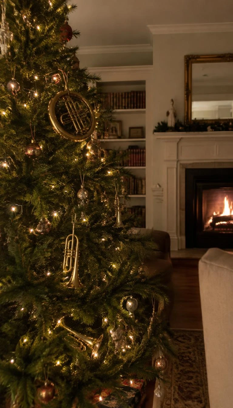 A candid, realistic iPhone photograph of a living room with a Christmas tree, displaying small tarnished brass French horns and trumpets among dark spruce boughs, warm fireplace glow, traditional interior