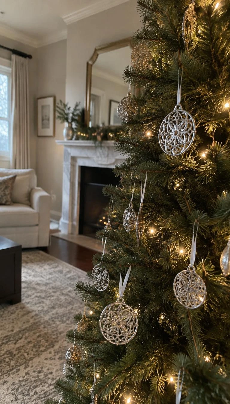 A candid, realistic iPhone photograph of a living room with a Christmas tree, showing delicate silver-plate pressed metal filigree medallions hanging against dark green fir needles, soft side lighting, refined interior