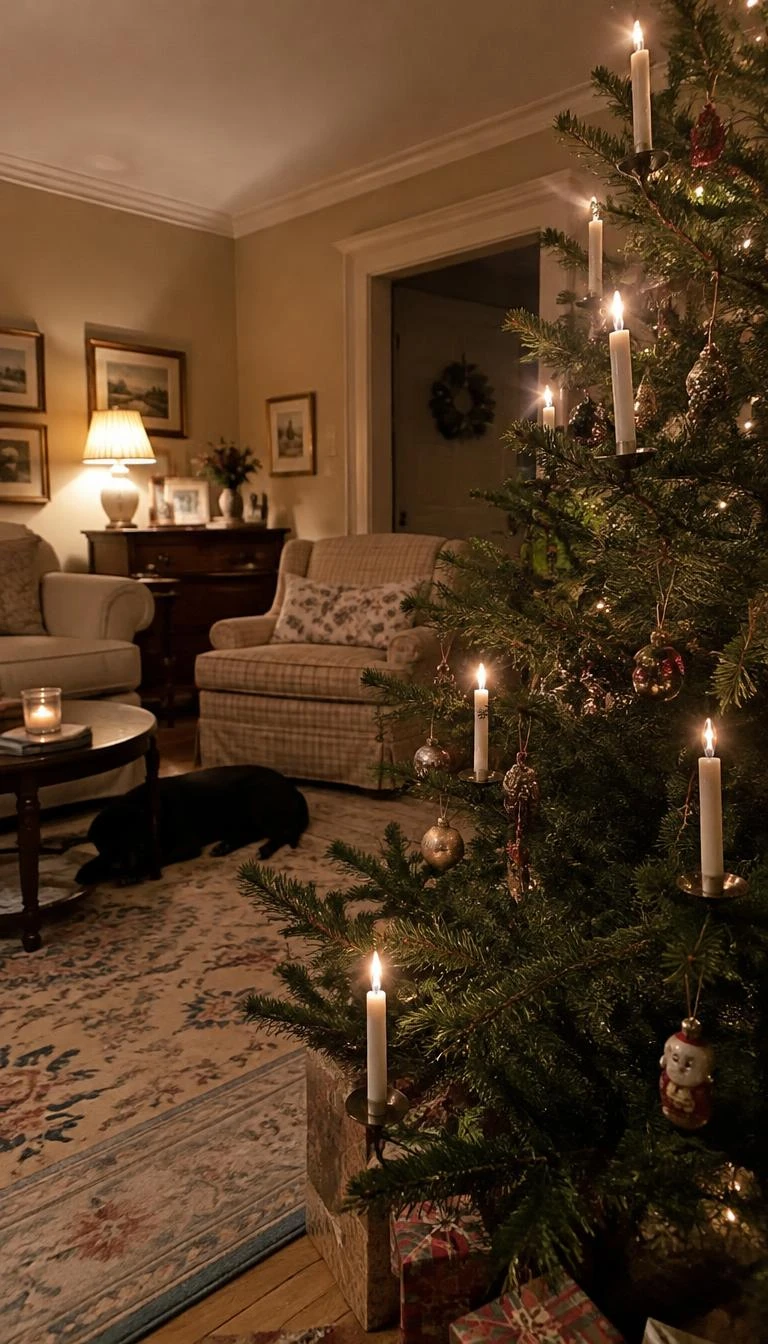 A candid, realistic iPhone photograph of a living room with a Christmas tree, traditional cream taper candle ornaments on metal counterweight clips secured to pine branches, soft evening lamplight, nostalgic family room