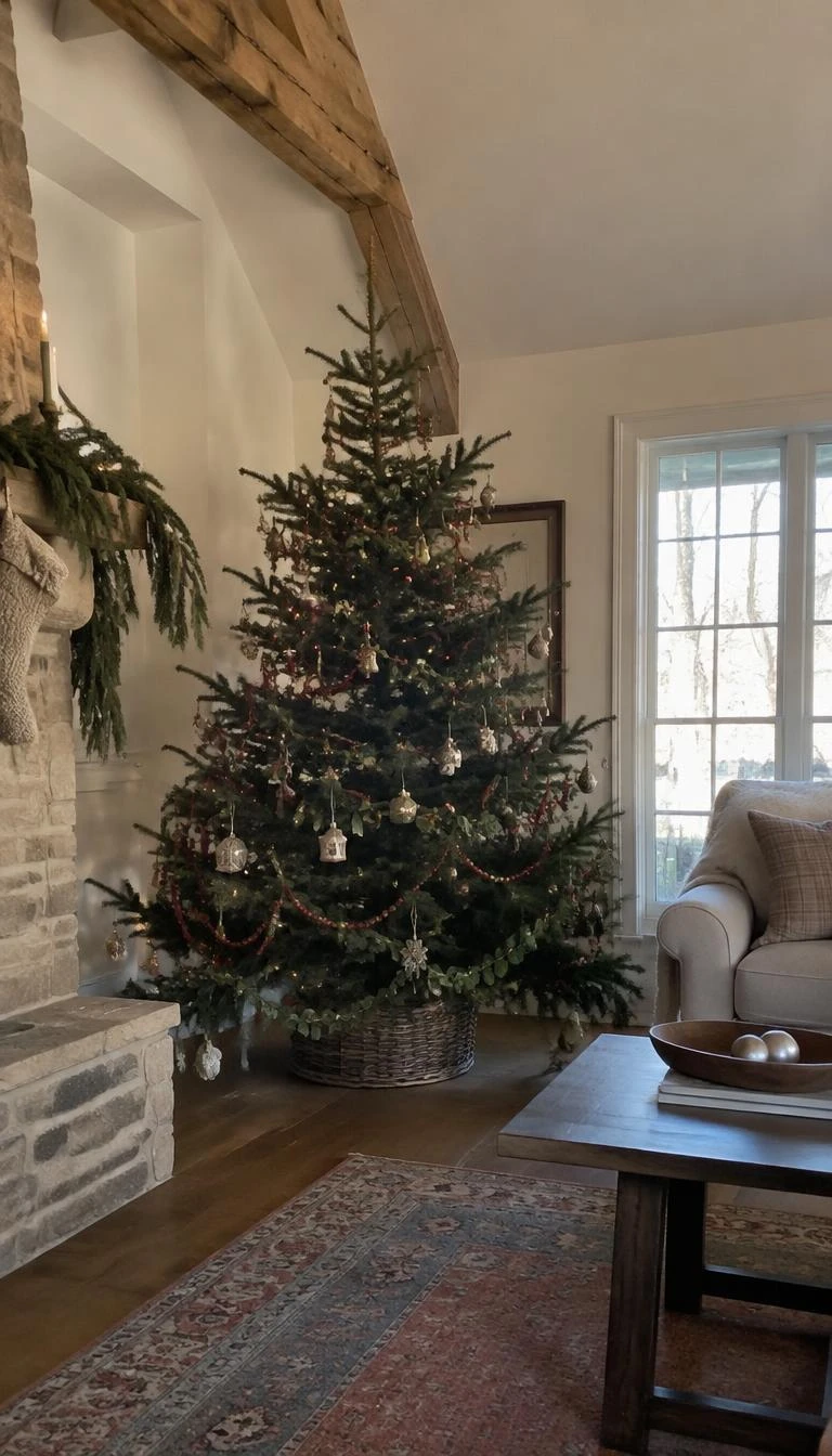 A candid, realistic iPhone photograph of a living room with a Christmas tree, dressed with hand-strung fresh red cranberry and dried sage-green bay leaf garland, natural daylight, rustic cozy interior, understated holiday aesthetic
