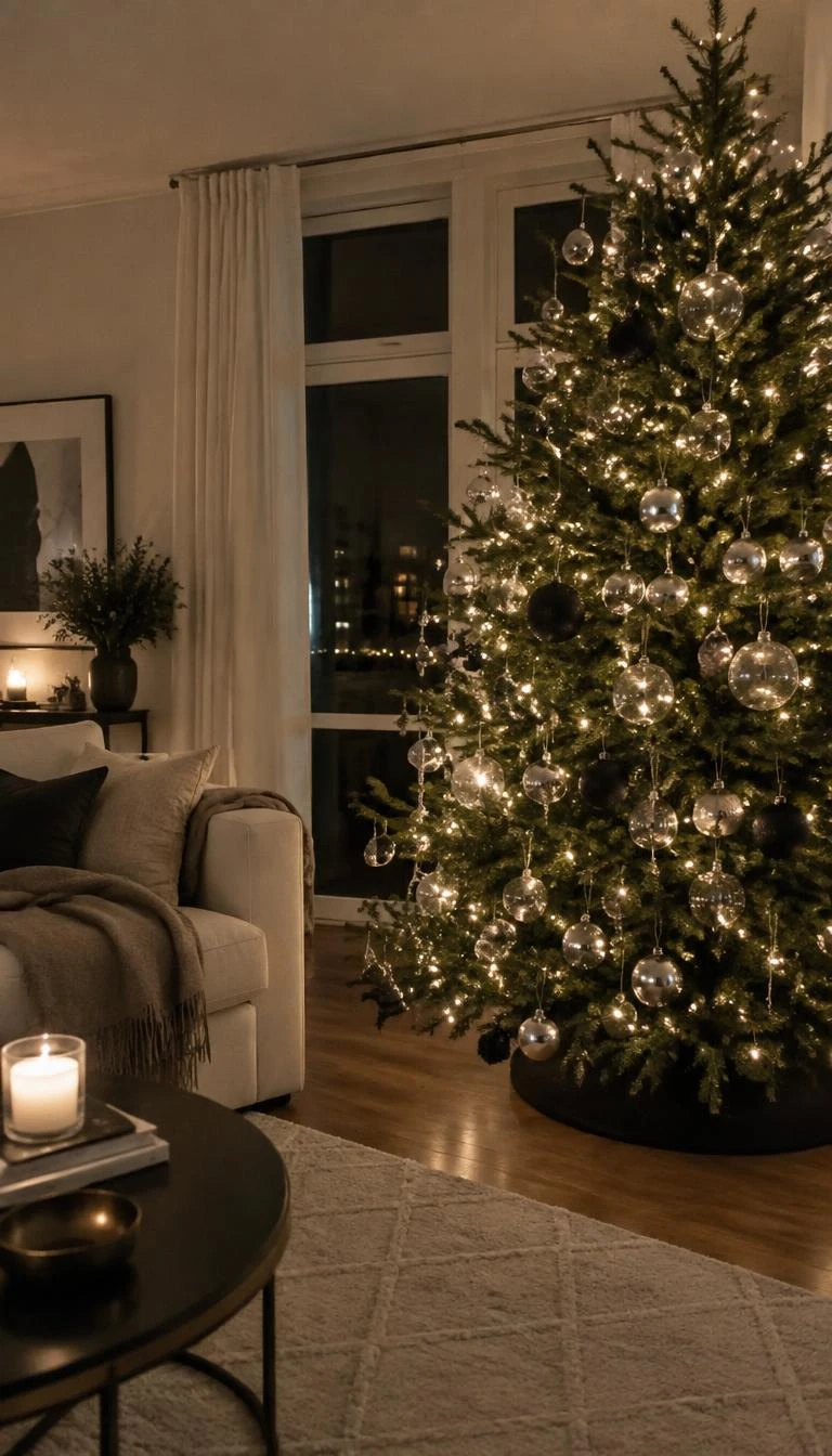 A candid, realistic iPhone photograph of a living room with a Christmas tree, decorated with an assortment of clear blown glass, dark smoked glass spheres, and mirrored silver balls catching fairy lights, evening living room setting