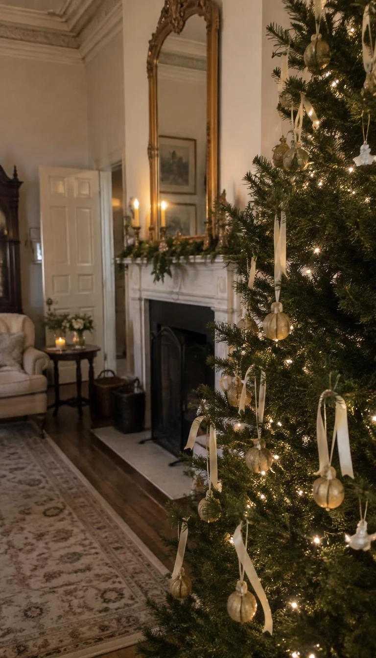A candid, realistic iPhone photograph of a living room with a Christmas tree, whole English walnuts painted in soft antique gold leaf suspended from cream silk ribbons, subtle holiday lighting, historic home parlor