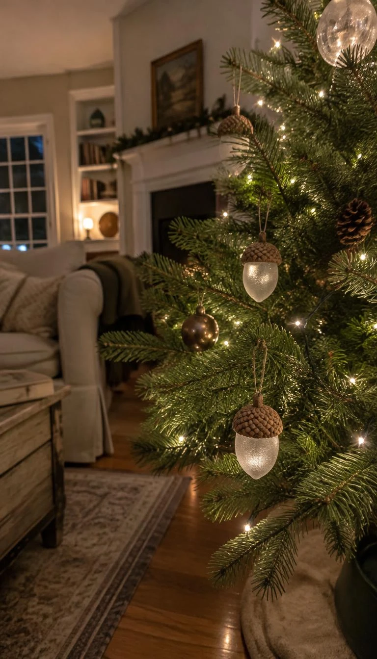 A candid, realistic iPhone photograph of a living room with a Christmas tree, frosted glass acorn ornaments with real acorn caps hanging among bottom pine branches, warm ambient room light, peaceful evening mood