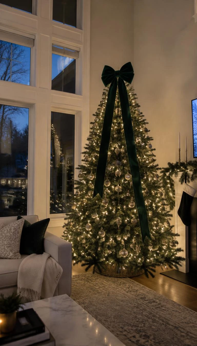 A candid, realistic iPhone photograph of a living room with a Christmas tree, topped with an oversized forest green velvet ribbon bow with long flowing tails cascading down the branches, high ceiling living room, soft winter dusk