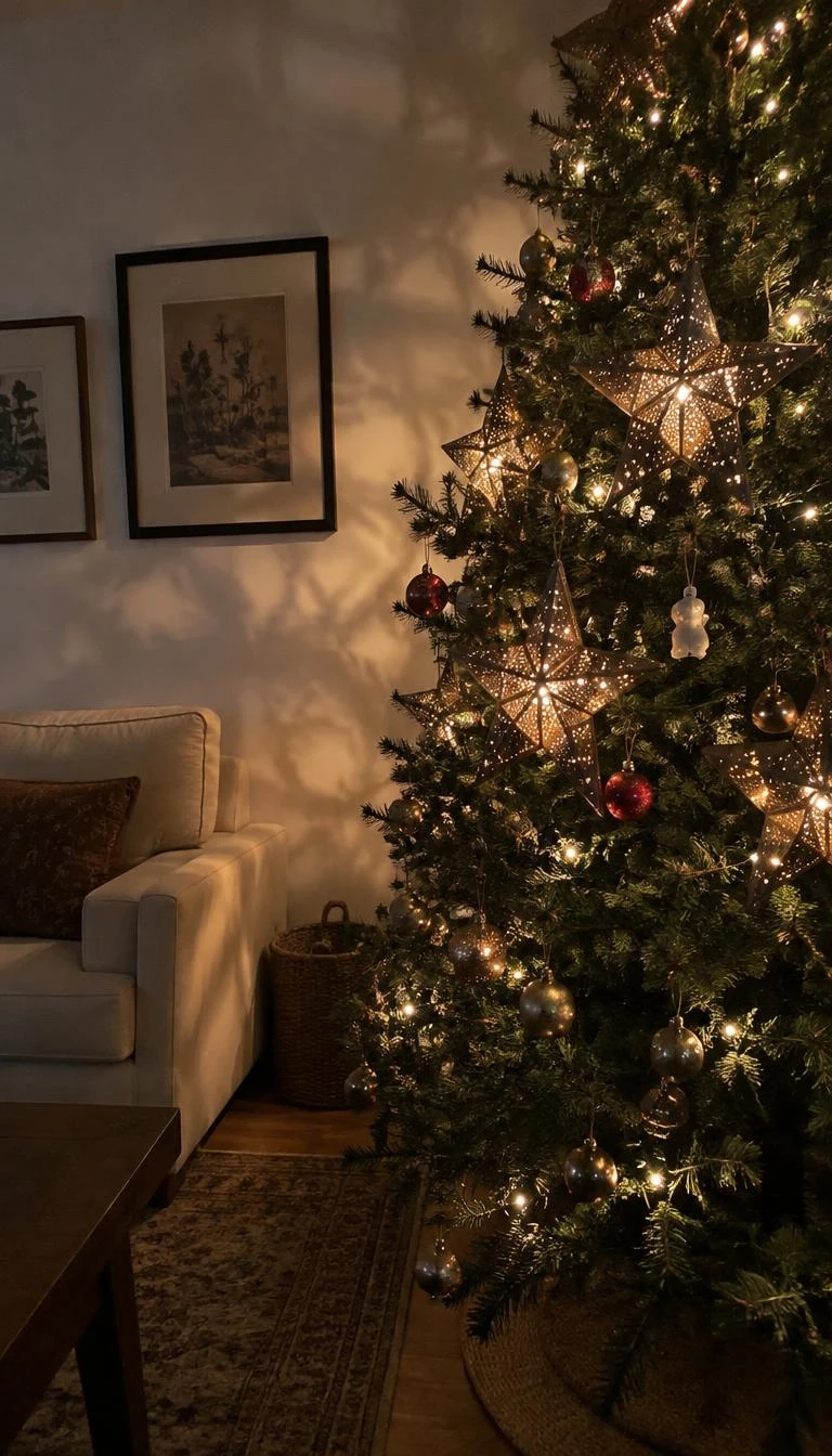 A candid, realistic iPhone photograph of a living room with a Christmas tree, showing pierced punched-tin Mexican star ornaments glowing with internal light, pine needle shadows on living room wall, gentle warmth