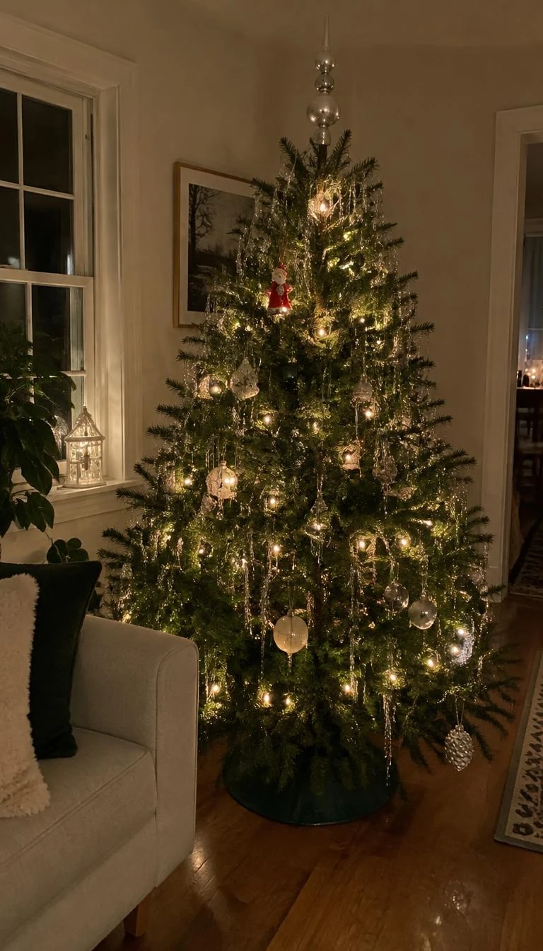 A candid, realistic iPhone photograph of a living room with a Christmas tree, showing delicate silver mylar tinsel strands placed carefully over spruce tips, glowing warm white lights, gentle evening shadow, hardwood floor background
