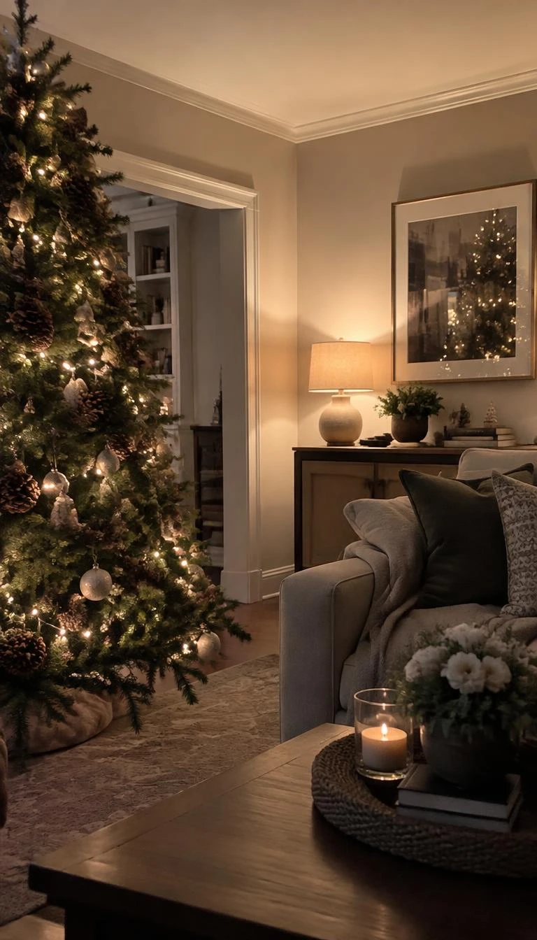 A candid, realistic iPhone photograph of a living room with a Christmas tree, large natural sugar pine cones nestled inside thick evergreen boughs, warm corner lighting, quiet domestic evening scene
