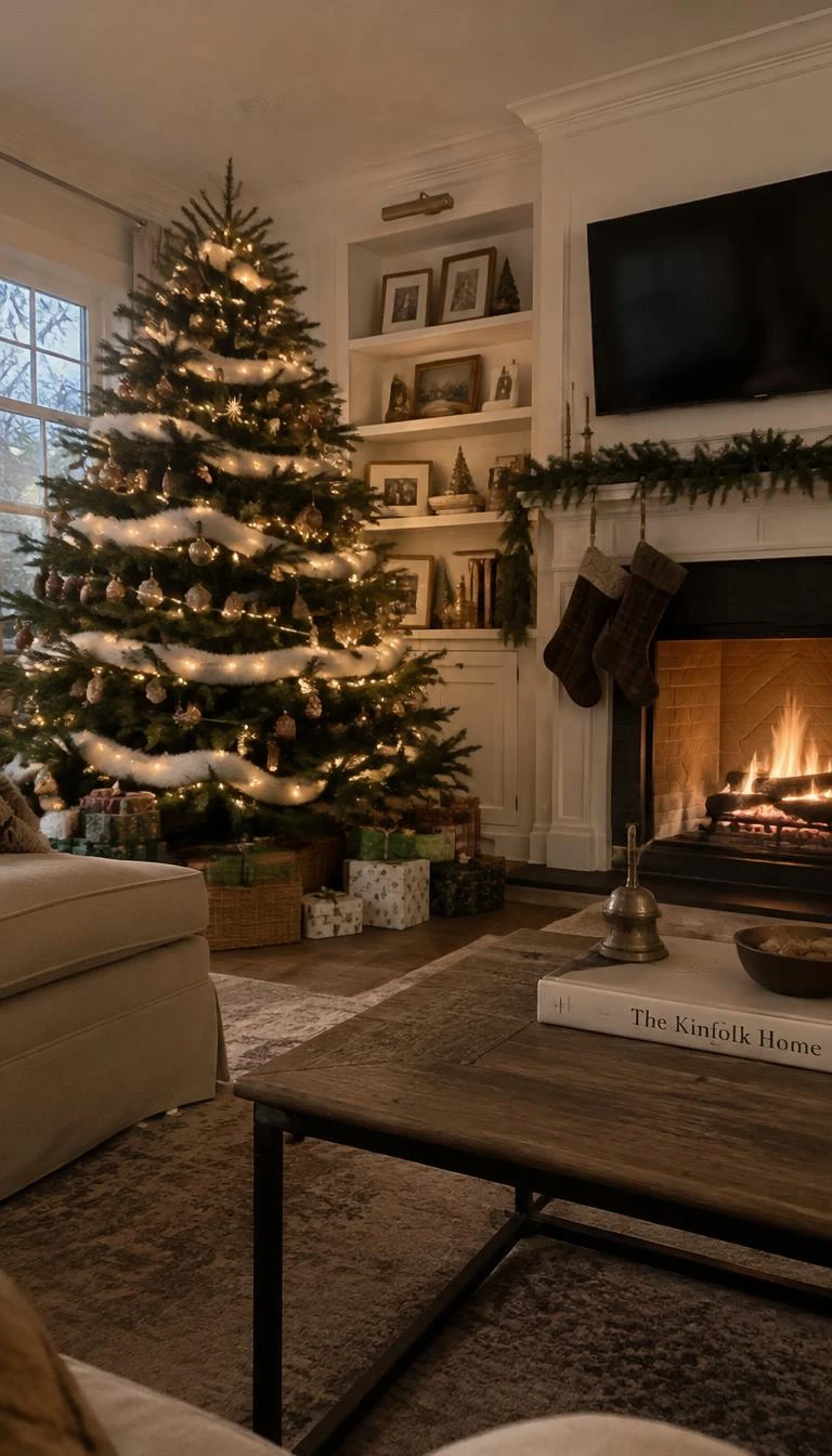 A candid, realistic iPhone photograph of a living room with a Christmas tree, soft cloud-like bands of unspun natural cotton roving resting along horizontal spruce branches, warm cozy fireplace light, traditional home