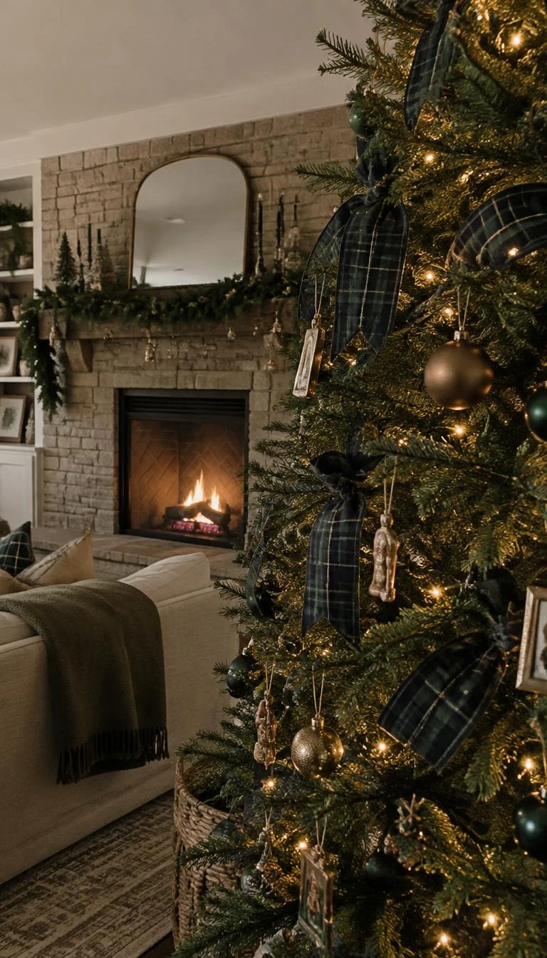 A candid, realistic iPhone photograph of a living room with a Christmas tree, woven wool tartan ribbons in muted forest green and navy looped through branches, stone fireplace background, warm fireside glow