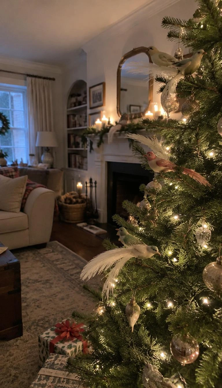A candid, realistic iPhone photograph of a living room with a Christmas tree, vintage style blown glass bird ornaments with spun glass feather tails clipped to branch tips, soft holiday lighting, peaceful living space
