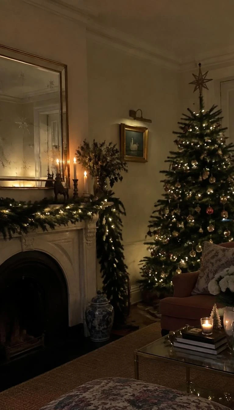 A candid, realistic iPhone photograph of a living room with a Christmas tree, antique etched mirror glass starbursts capturing warm ambient light, dark green pine needles, atmospheric living room setting