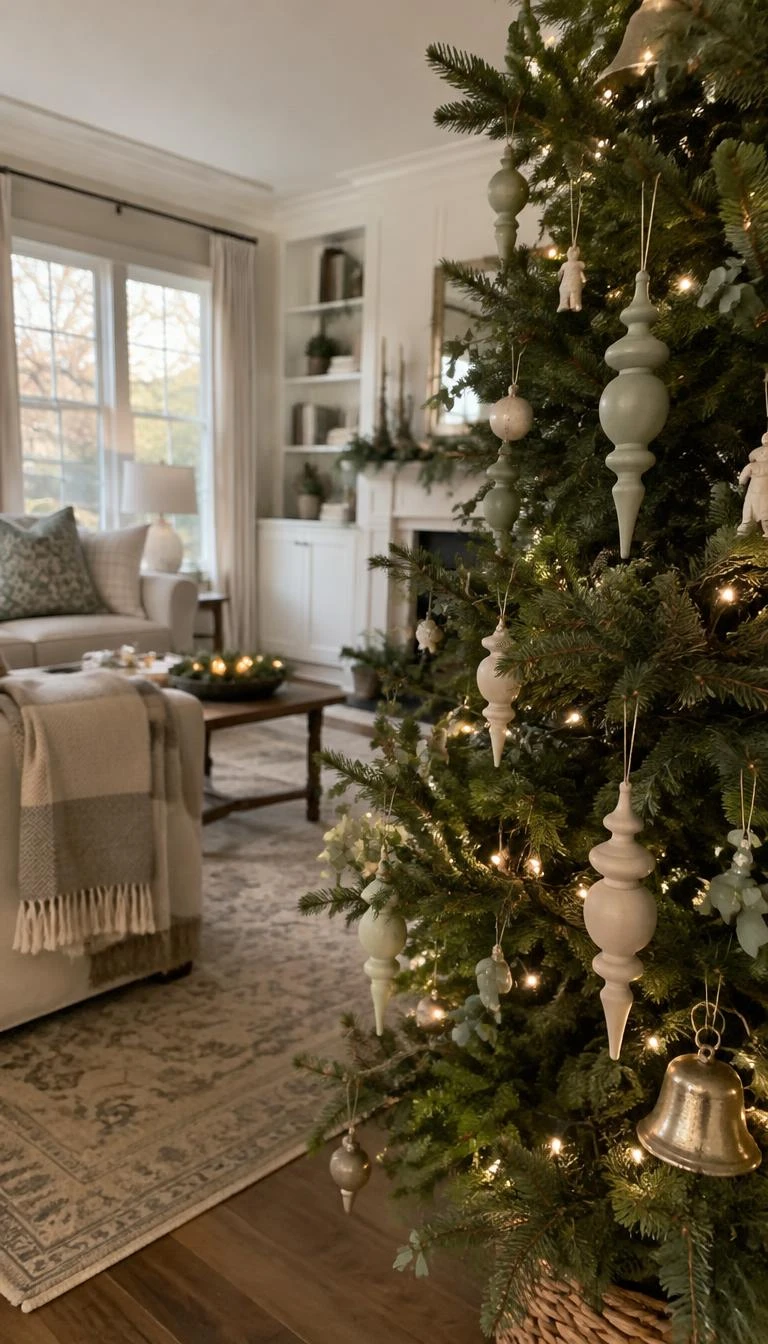 A candid, realistic iPhone photograph of a living room with a Christmas tree, hand-turned wooden drop finials finished in chalky sage and buttermilk milk paint hanging from pine branches, calm modern cottage aesthetic