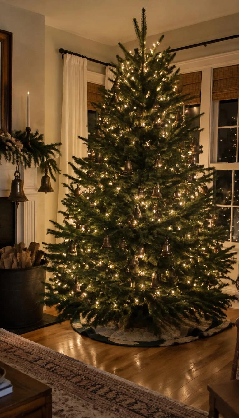 A candid, realistic iPhone photograph of a natural Fraser fir Christmas tree in a living room, decorated solely with warm incandescent mini lights and antique matte brass bells, no tinsel.